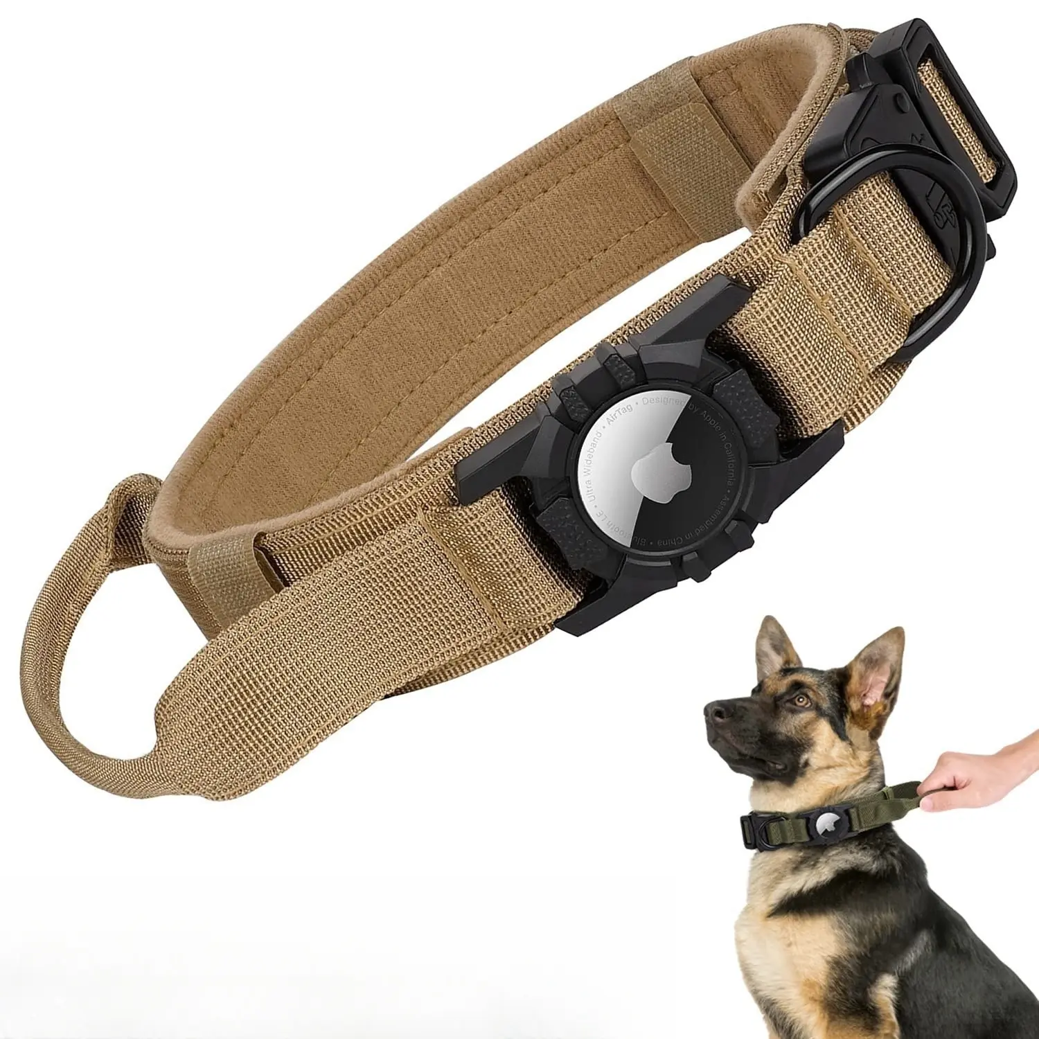 Tactical AirTag Dog Collar, with AirTag Holder and Handle Military Dog Metal Buckle Adjustable GPS Collar for Medium Large Dogs Control Handle German Shepherd Accessories