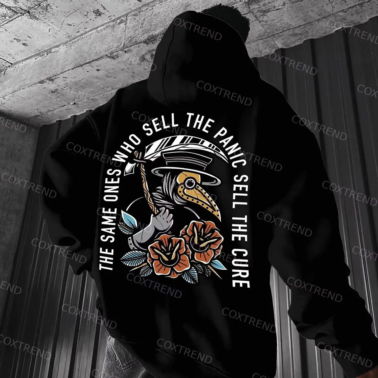 THE SAME ONES WHO SELL THE PANIC SELL THE CURE Graphic Black Print Hoodie
