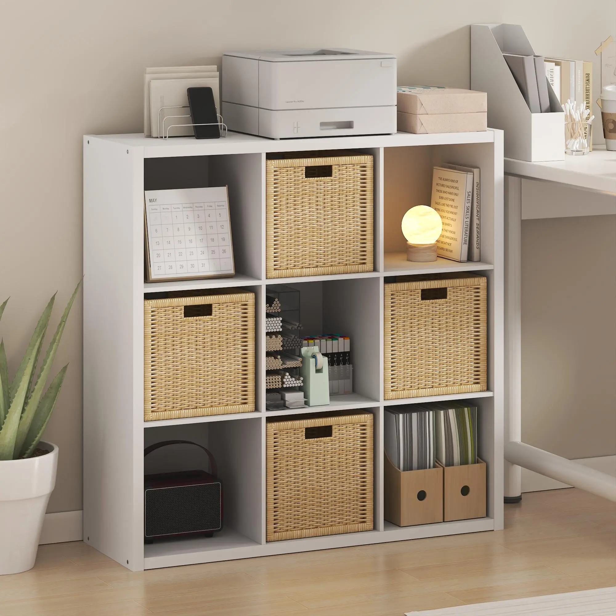 Rectangular 9-Cube Cubicle Bookshelf - Horizontally & Vertically Reversible, Closed Back, Extra-Thick Frame, 14.1x43.8x43.8in Small Space Indoor Furniture for Living Room, Home Office Organization (White)