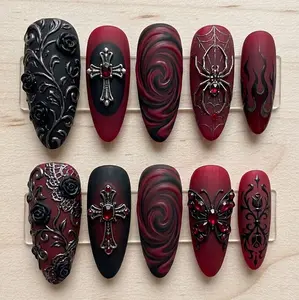 Gothic Red Black Press On Nails, Spider Cross Goth Nails, Dark Romantic Vampire Nails, Alternative Handmade Almond Nail Set