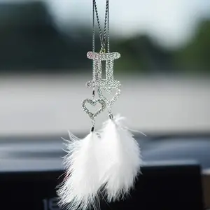 Car Interior Zodiac Feather Heart Pendant, Sparkling Diamond Rearview Mirror Ornament, High-End Car Decoration Accessories, Car Hanging Decoration