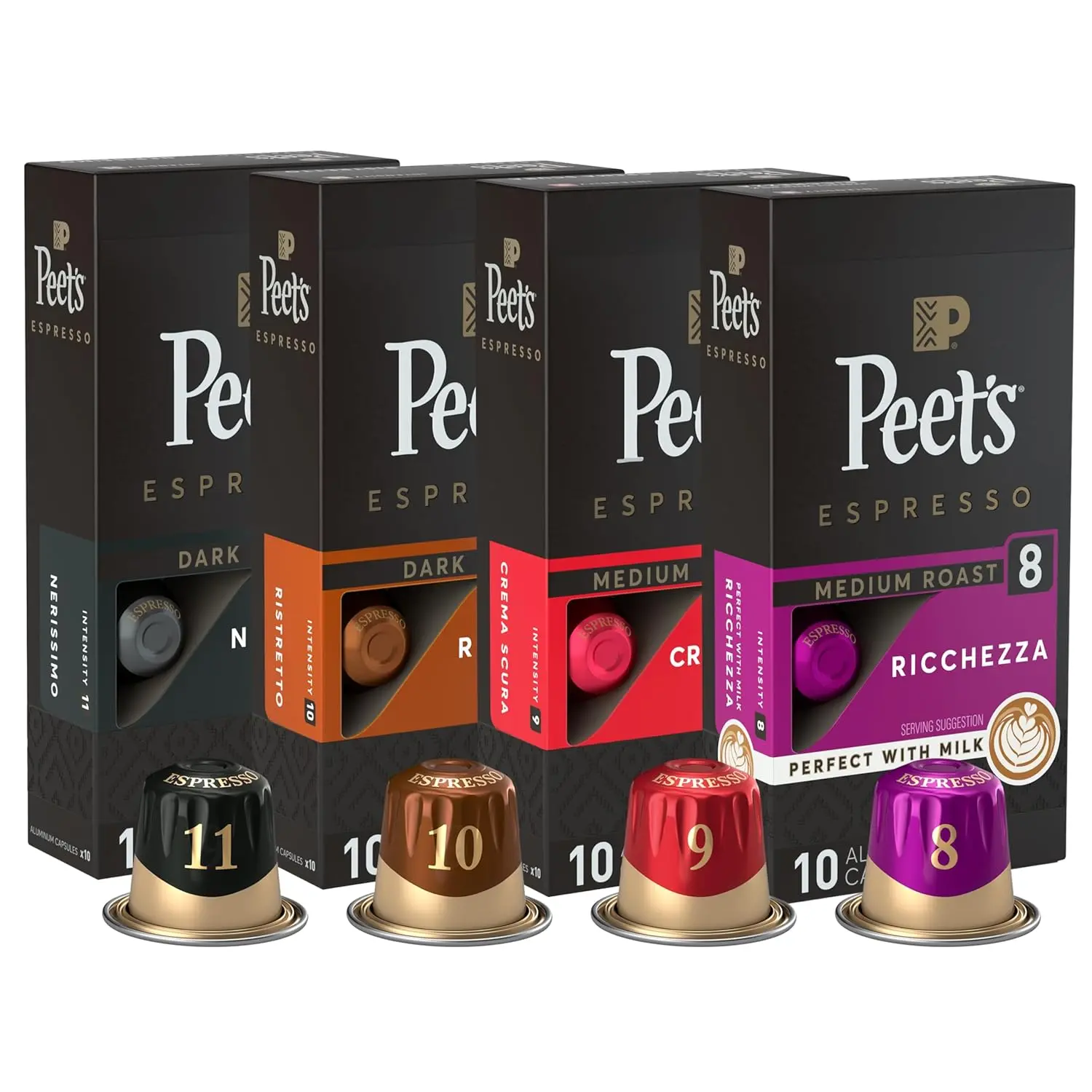 Peet's Arabica Bean Chocolate Flavor Medium-Dark Roast Espresso Capsules Variety Pack - Compatible with Nespresso Original Machine, Intensity 8-11, 40 Count (4 Boxes of 10), Recyclable Packaging, Cupboard-Storage Coffee Beverage