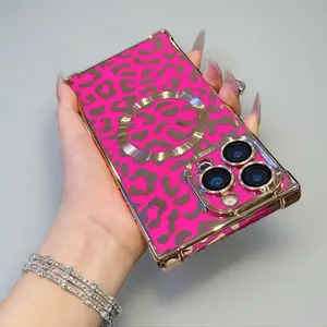 Luxury Leopard Print Shiny Square-Edge TPU Protective Phone Cover, Magnetic Wireless Charging Accessory for iPhone 16/15/14/13 Pro Max, Tough Tech Accessory for Mobile Devices Shockproof Case with Lens Protector Custom Monogram Pink Striped stickers