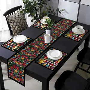 1/5/7 piece table runway and placemat set, featuring Mexican May 5th decorations and vivid floral patterns, suitable for holiday gatherings, home kitchens, dining tables, living rooms, and daily indoor and outdoor use in households