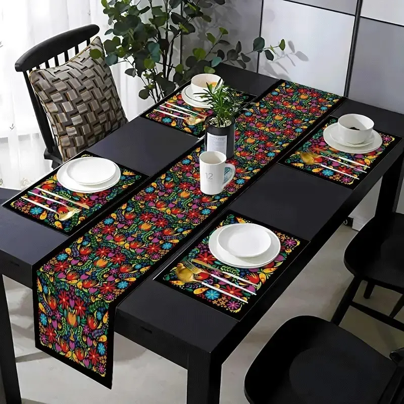 1/5/7 piece table runway and placemat set, Table Mats, Table Placemats, featuring Mexican May 5th decorations and vivid floral patterns, suitable for holiday gatherings, daily indoor and outdoor use