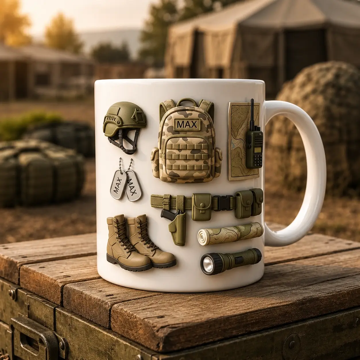 Personalized Tactical Gear Ceramic Mug, Custom Name Coffee Cup with Outdoor Equipment Design, Unique Gift for Veterans, Campers and Adventure Enthusiasts
