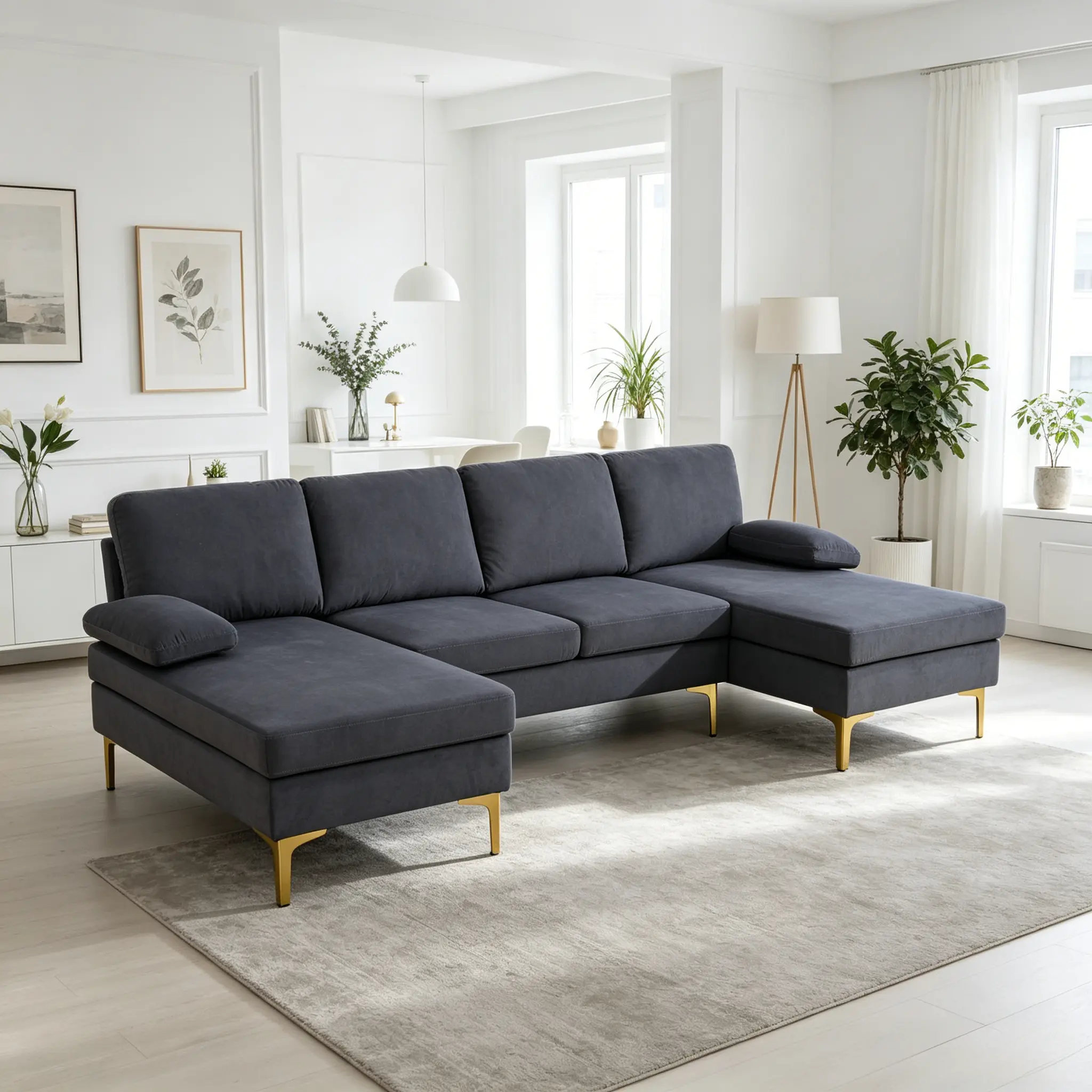Modern Deep Grey 3-Piece Curved Sectional Sofa Suite - Plush Fluffy Cloud Marshmallow Fabric, Fixed Arms Comfy Sofa Sectional Couch, Integrated Stylish Functional Living Space Furniture, Assembly Required