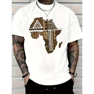 2025 Men's Classic Short-Sleeve African Map Tribal Graphic T-Shirt - Beige/Brown/White, Soft Breathable Cotton, Regular Fit Menswear Garment - Machine Washable for Travel & Everyday Use