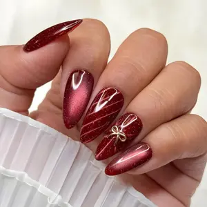 Red Cat Eye Press On Nails, Magnetic Burgundy Glitter Nails with Gold Bow Charm, Luxury Handmade Gel Nails, Christmas nails
