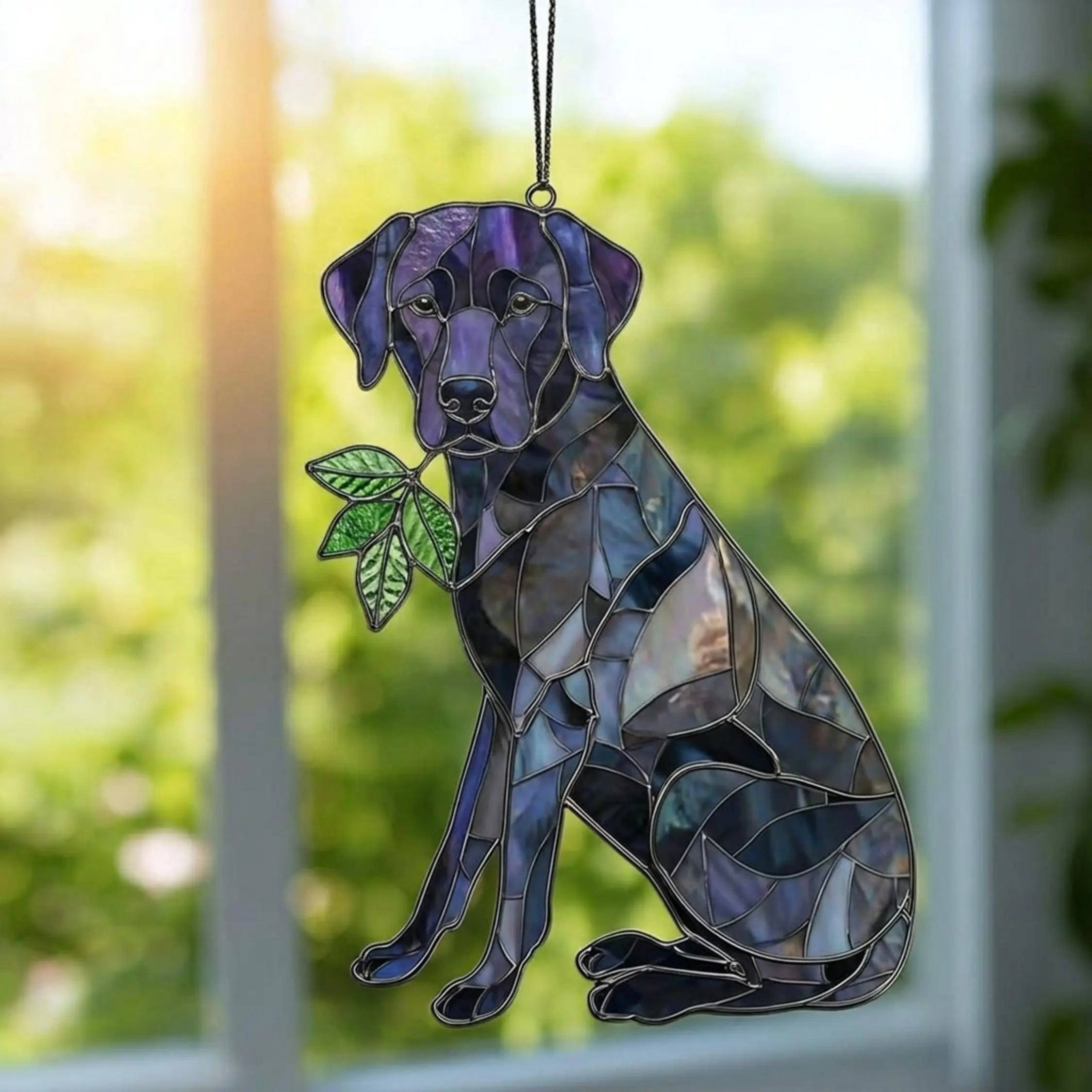Black Lab Stained Acrylic Suncatcher, Labrador Dog Window Hanging, Stained Glass Dog Panel, Dog Holding Leaves Sun Catcher.