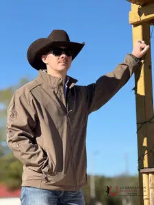 ARIAT JACKET LOGO 2.0 SOFTSEHLL CROCODILE HEATHER- 8157 Men's Fitted Long Sleeve Casual Coats Beige Plain with Zippered Pocket & Adjustable Wrist Straps