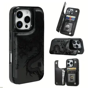 Phone Case - Phone Case with Chinese Dragon pattern, this practical phone case contains a card slot for various purposes, such as storing bank and transportation cards. It is compatible with iPhone 16 Pro Max, as well as 17, Air and other models.