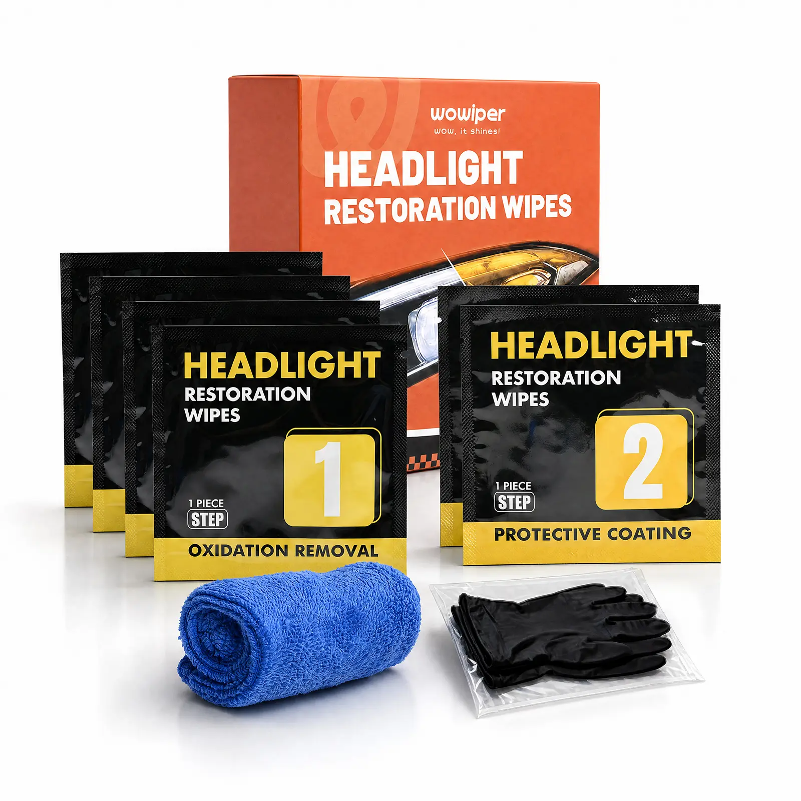 WOWIPER Headlight Restoration Wipes Kit, 2-Step Cleaner & Protection, Car Headlight Cleaner for Cloudy Yellow Lenses