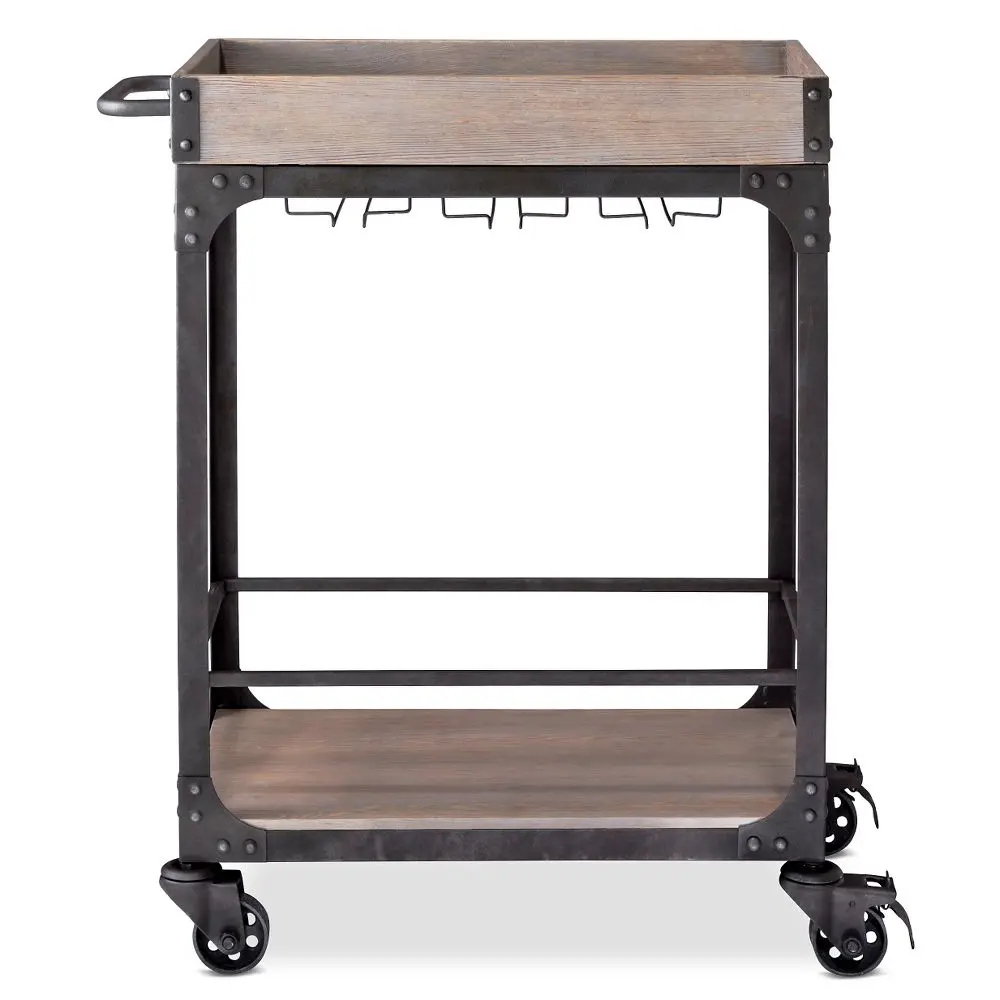 Threshold Weathered Gray Metal-Steel Franklin Bar Cart with Wine Rack, Glass Shelves, Utensils Storage, Locking Wheels - Vintage Beverage Serving Cart, Shelf, Home Bar Use