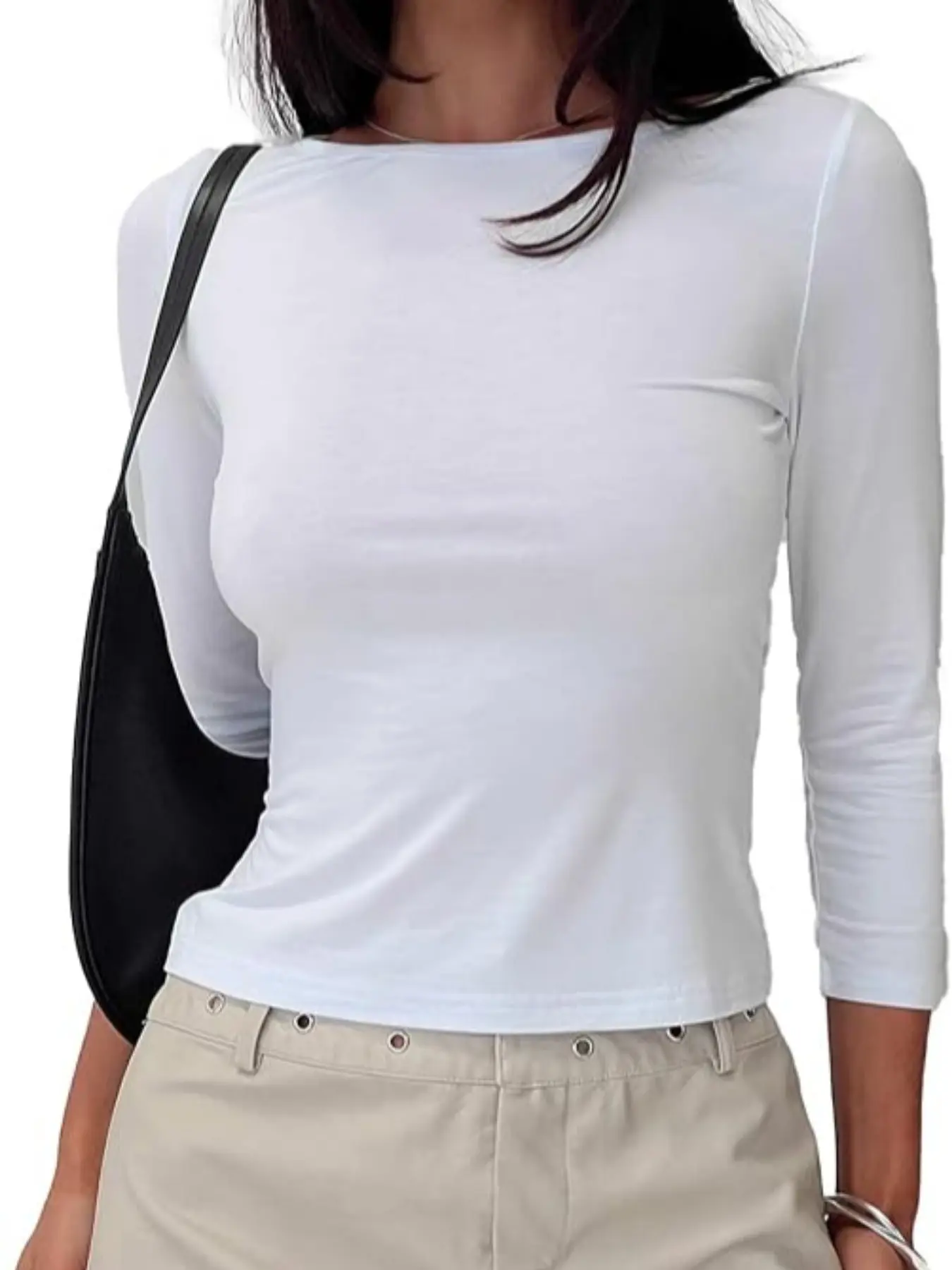 Y2K Aesthetic Slim Fitted 3/4 Sleeve Boat Neck Crop Top Minimalist Basic Casual Solid Tee for Women Lady Trendy Going Out Shirt Basic Fitted Boat Womenswear