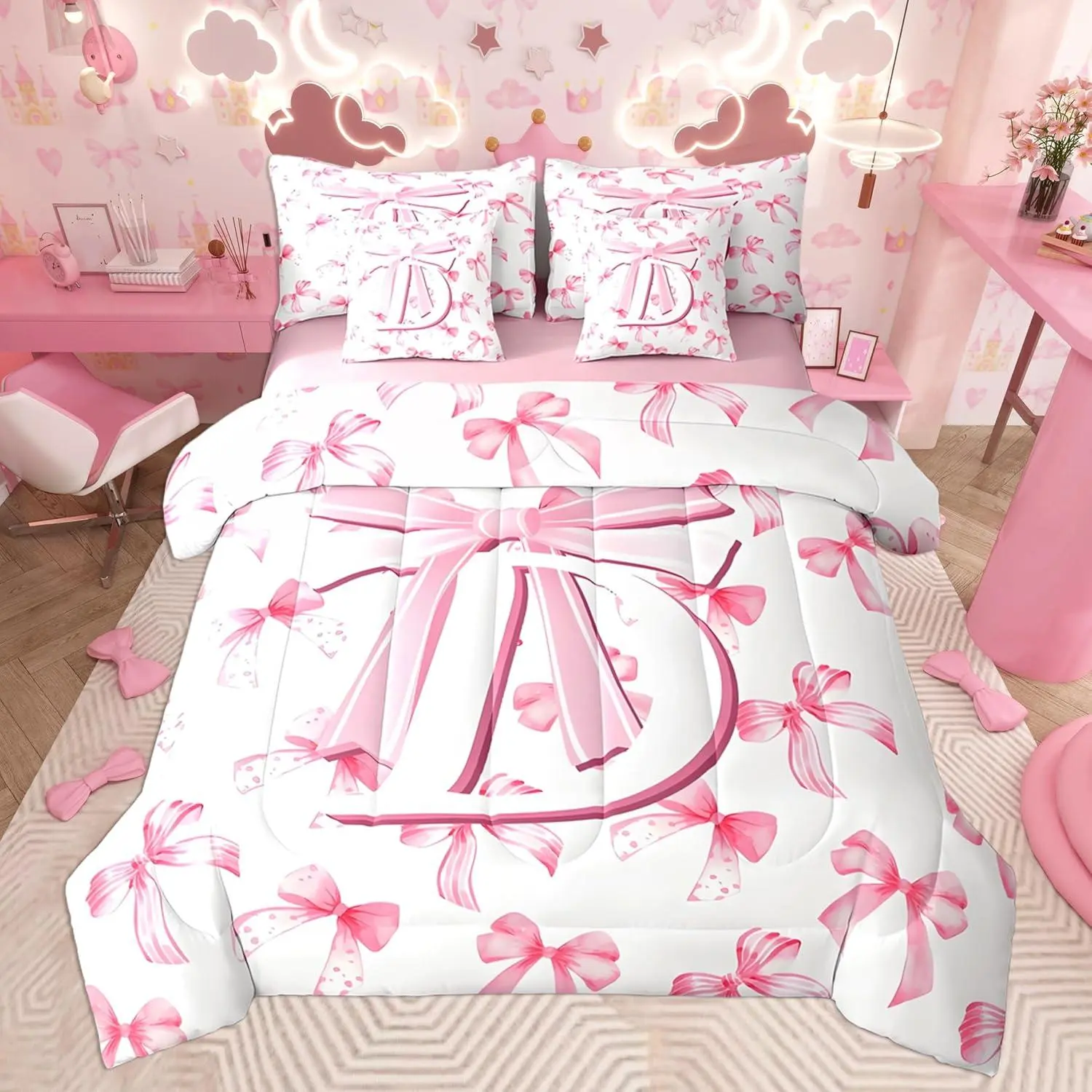 Cute Pink Bow Comforter Set with Sheets Monogrammed 7 Piece Bedding Set Personalized Initial D Bed in a Bag with Comforter,Sheets,Pillowcases Coquette Bow Modern Fashion