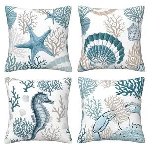 Ocean Decoration Outdoor Pillow Coastal Breeze Cushion Cover Suitable for Terrace Furniture, Bench Sofa, 4-piece Set with Double sided Printing