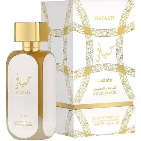 Lattafa Hayaati Gold Elixir Eau De Parfum Spray - 100ml (3.4oz) Adults' Women's Perfume, Aromatic Floral Sweet Scent, 60-Month Long-Lasting, Citrus, Sandalwood, Vanilla, Juicy Fruity Notes