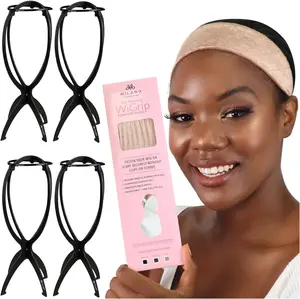 Bundle Wig Grip Band + Wig Stands, Non Slip Extra Hold Tan Wig Band for Wigs and Frontals + 4-Pack Wig Stands for Drying, Styling, or Displaying