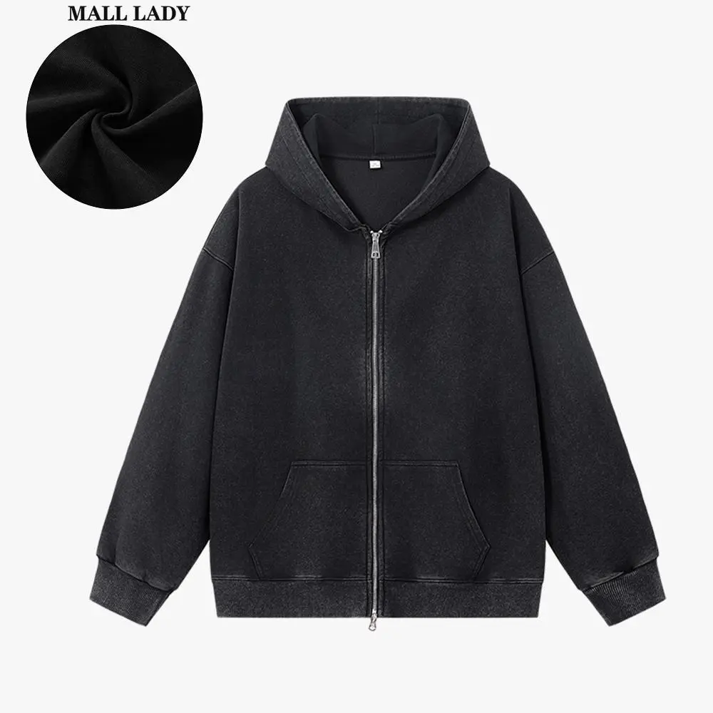 Vintage Y2K Unisex Hoodie Men's Casual Cotton blend Full Zip Long Sleeve Sweatshirt Pullover Sports Hooded Jacket Oversized with Pockets