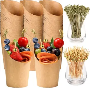 50 Pcs Charcuterie Cups with Skewers, 12 Oz Paper Snack Appetizer Cups with Cocktail Picks, French Fry Holder Brown Kraft, Disposable Popcorn Boxes Cones, Party Board Favor(50 Cups + 200 Sticks) Bamboo Containers Gift Kit