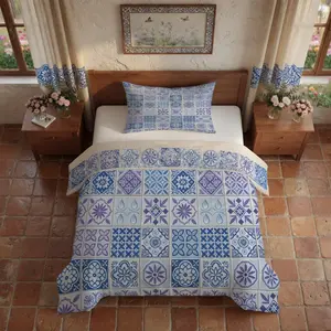 2/3-Piece Blue & Purple Portuguese Tile Print Duvet Cover Set, Boho Mediterranean Style Bedding, Single-Side Printed, No Insert Included, Ideal for Bedroom, Guest Room Decor & Gifting