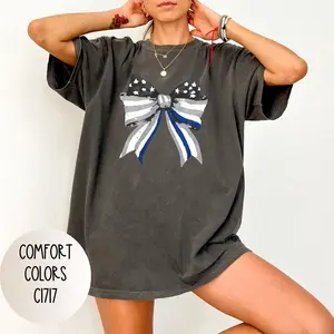 Police Support American Flag Bow Shirt, Patriotic Tee for Men and Women, Law Enforcement Pride, Distressed USA Flag Top, Thin Blue Line