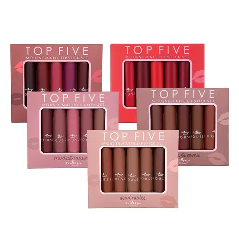 Italia Deluxe Top Five Mousse Matte Lipstick Set - 5 Shades for Warm & Cool Undertones - Caliente Reds, Send Nudes, Modest Mauves, Chola Browns, Baddie Babes - Lightweight & Long-Lasting Formula