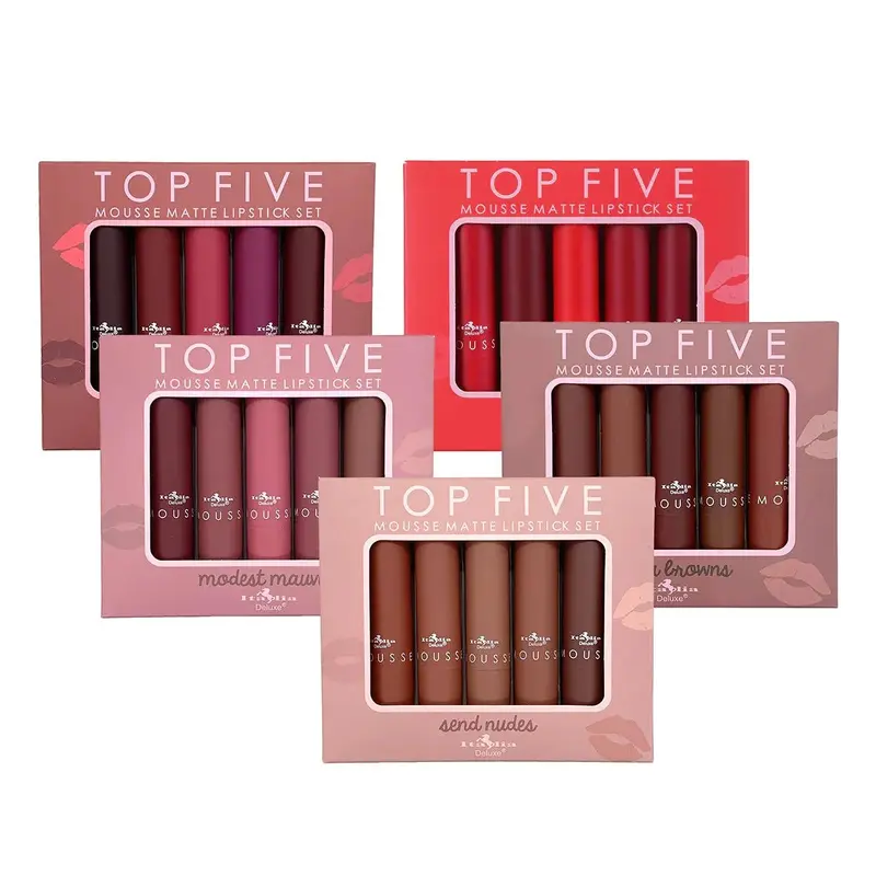 Italia Deluxe Top Five Mousse Matte Lipstick Set - 5 Shades for Warm & Cool Undertones - Caliente Reds, Send Nudes, Modest Mauves, Chola Browns, Baddie Babes - Lightweight & Long-Lasting Formula
