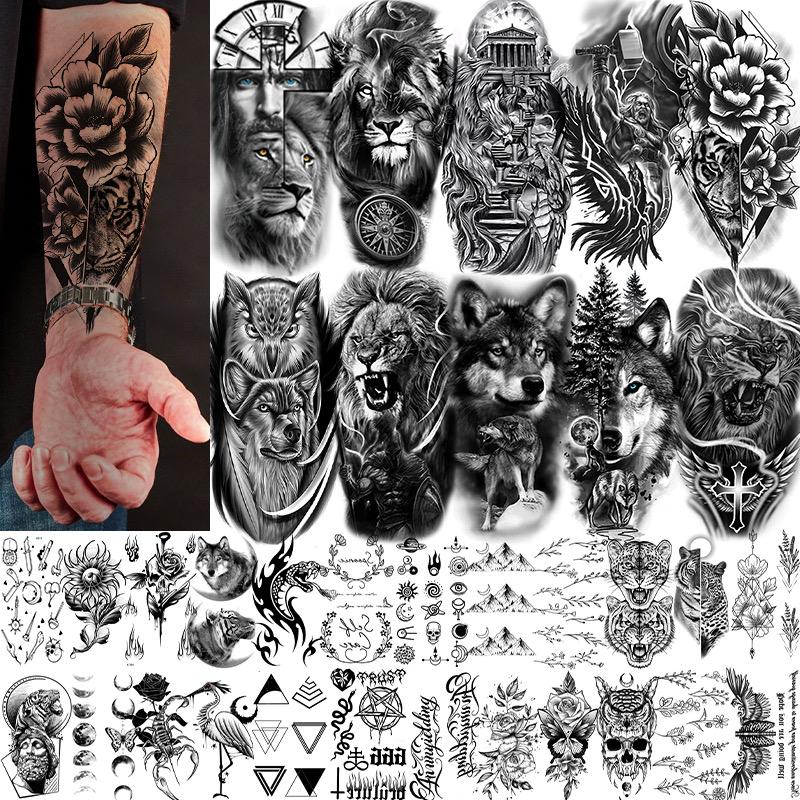 34 Sheets Temporary Tattoos Stickers, 10 Sheets Fake Body Arm Chest Shoulder Tattoos for Men or Women with 24 Sheets Tiny Black