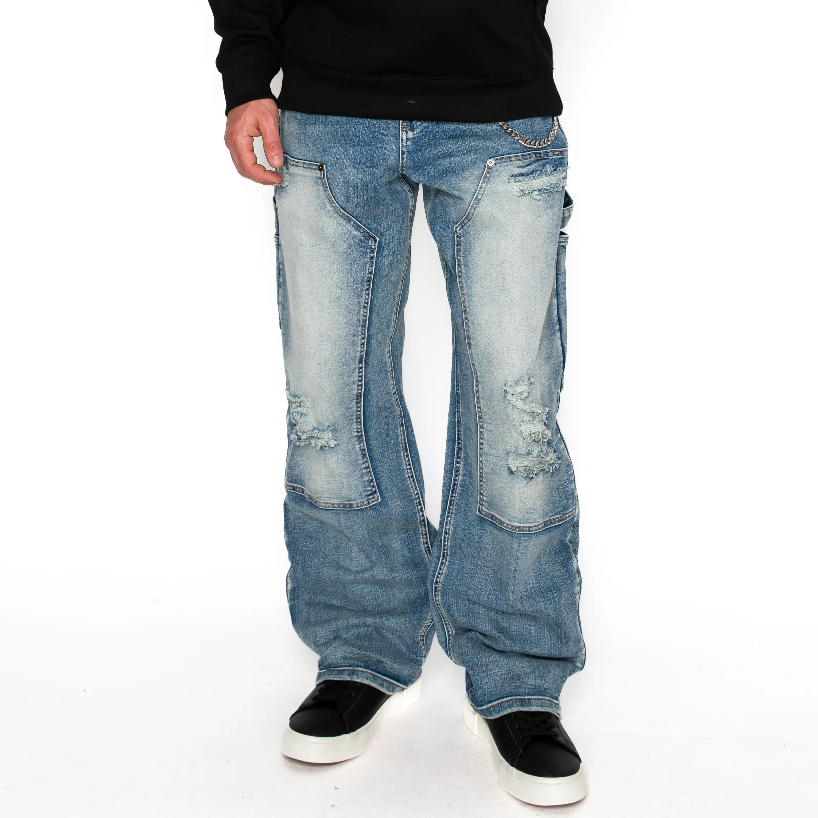 VICTORIOUS Men's Baggy-Oversized Distressed Carpenter Jeans, Menswear Trouser Pants with Comfort Stretch Fabric, Workwear Bottoms, Plain, Pocket, Streetwear, Utility, All Season, Casual, Denim, Double-Knee Panels, Deep Pockets