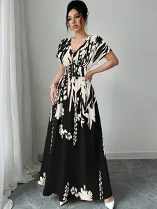 Women's V-Neck Floral Long Dress - Cinched Waist, Flowy Summer Maxi for Concerts & Special Occasions