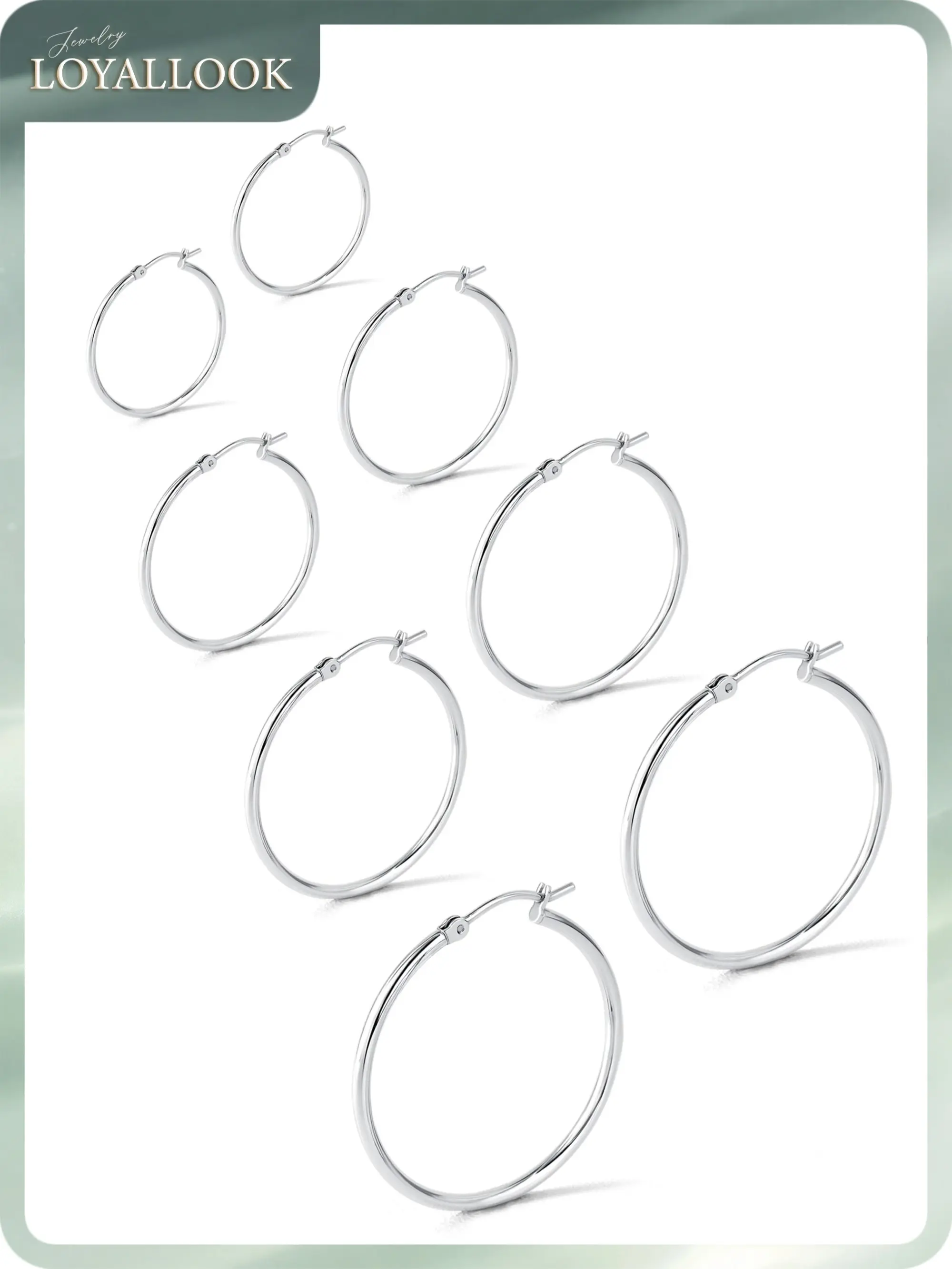 LOYALLOOK 4 Pairs Sterling Silver Post Hoop Earrings for Women - Small 14K Gold Plated Hoop Earring Set, Hypoallergenic Lightweight Thin Silver Hoops for Sensitive Ears- Medium Big Stack Earrings for Women