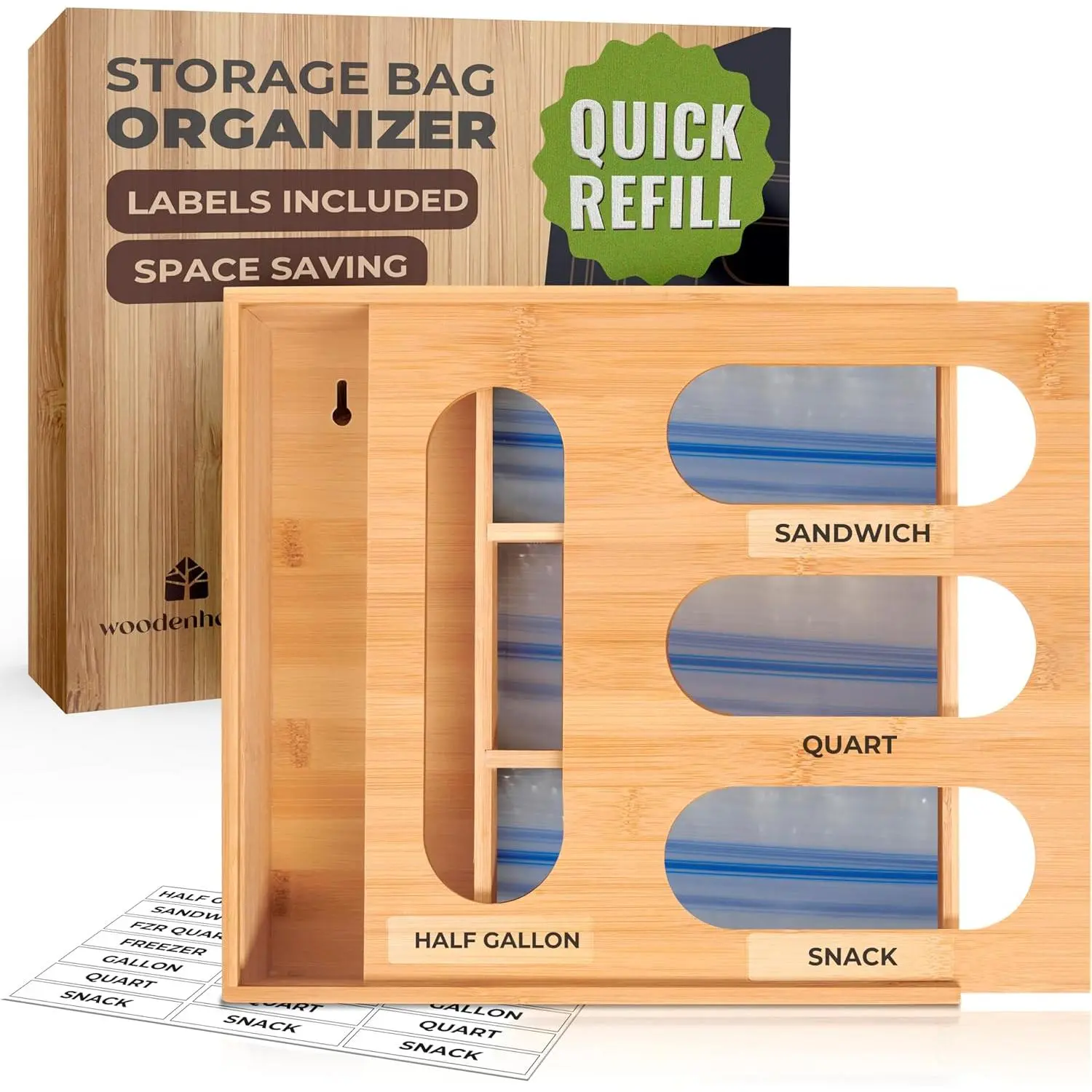 Storage Bag Organizer, Sandwich Bag Organizer - Single block Design with Labels Included, Baggie Organizer for drawer, Quick Refill Slider, Compatible with Half Gallon, Quart, Snack size bags