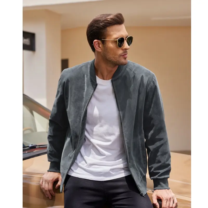 Coofandy Men's Coats, Vintage Plain Faux Suede Bomber Jacket, Lightweight Long Sleeve Casual Fall Tops with Zipper, Fashion, Fabric, Menswear, Classic, Turtleneck, Leather, Outdoor, Tapered, Polyester, Stylish, Jeans