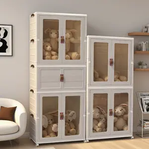 Aesthetic Stackable Storage Bins with Wheels – Folding Plastic Organizer Cabinet with Magnetic Door, Space Saving Closet & Dorm Room Storage