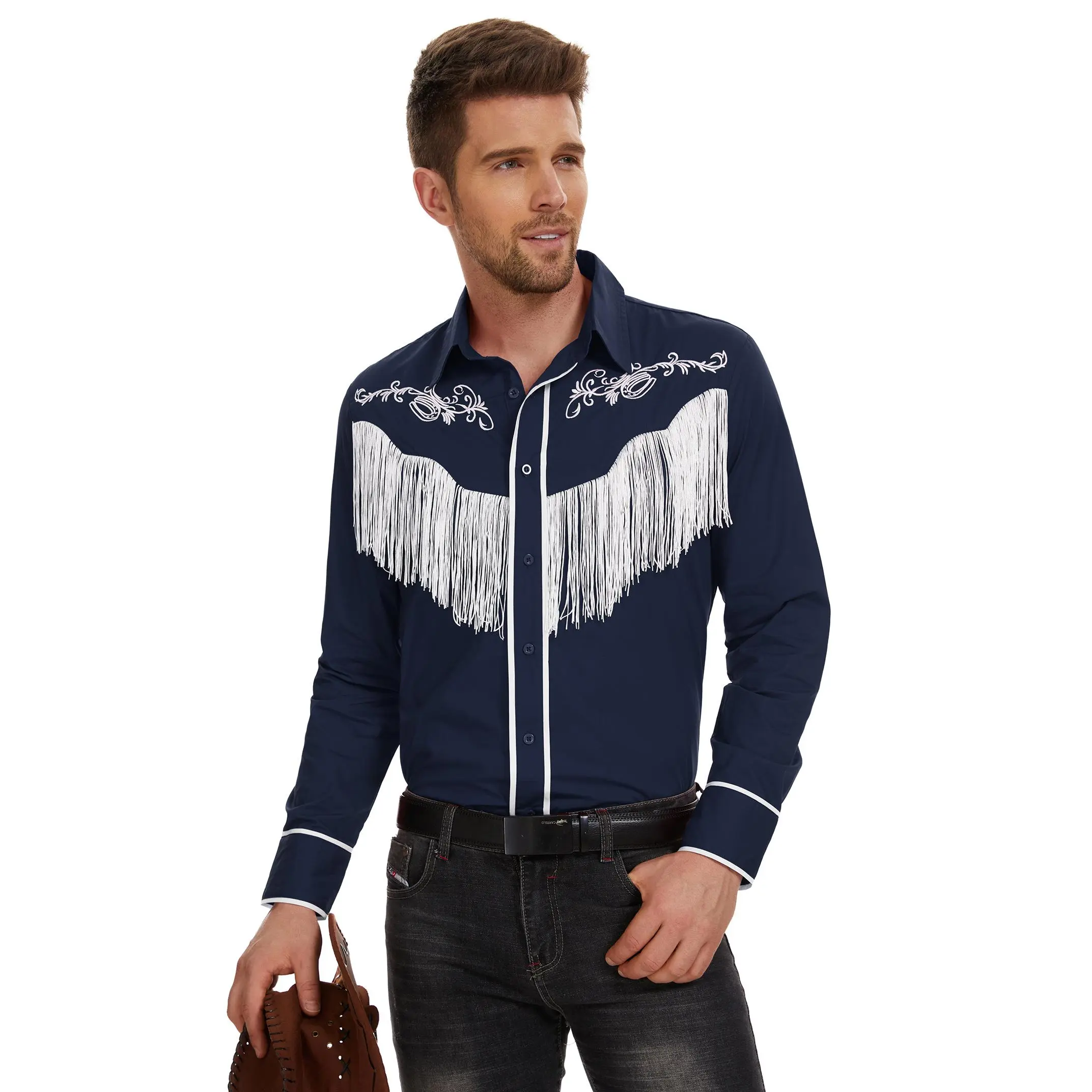 Retro Western Embroidered Fringe Shirt, Men's Long Sleeve Button-Up for Country Events & Themed Parties