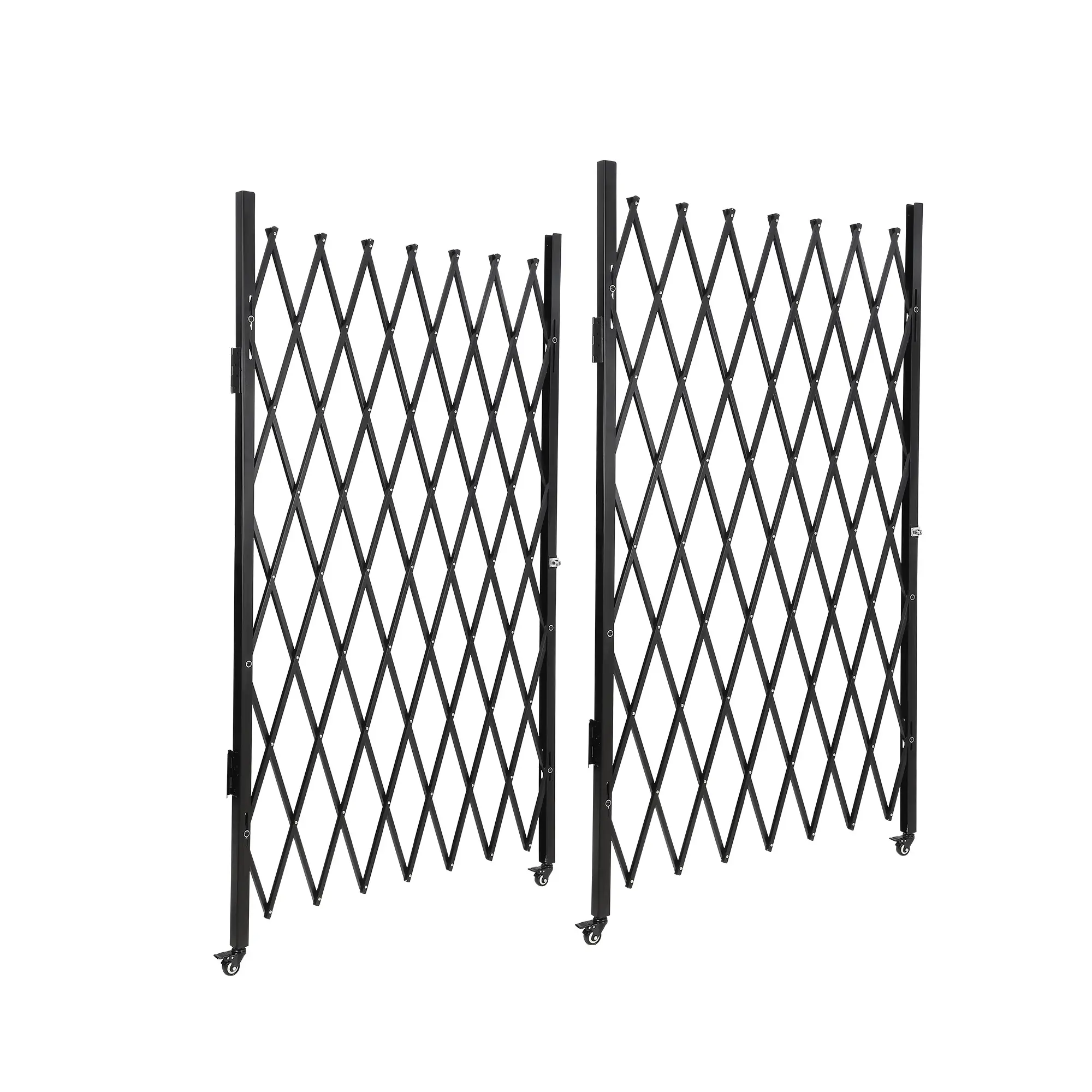 Double folding security gate in two sizes, 61x122 inches or 85x150 inches. Steel and aluminum frame, four locking casters, and a key lock. Expands and retracts in seconds.
