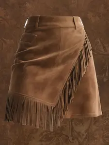 Vintage Brown Suede Fringe Mini Skirt – Retro Western Cowgirl Style, Soft Faux Suede, Asymmetrical Hem, Perfect for Country Concerts & Fall Outfits, Must-Have Y2K Trendy Bottoms