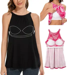 Women's Cute Summer Tank Top with Built in Bra Loose fit Casual Flowy Swing Pleated Cami Vest Sleeveless Soft Womenswear, Regular Size Camisole,