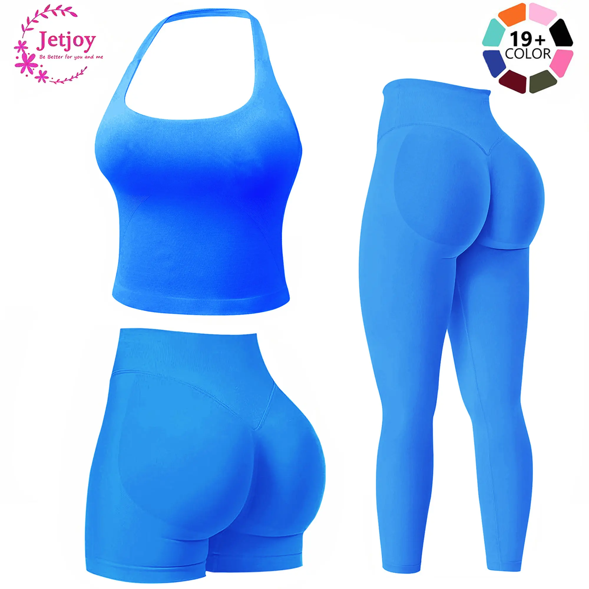 Jetjoy Women's 3-Piece Seamless Knit Ribbed Gym Clothes Set - Nylon Elastane, High Waisted Tummy Control Yoga Leggings, Halter Neck Sleeveless Top, Slim-Fitting Scrunch Shorts for Gym, Sporty Style