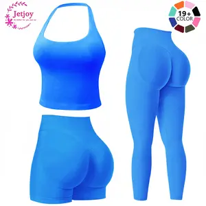 Jetjoy 3 Pieces Workout Sets for Women, Seamless Workout Sets for Women 3 Piece Halter Neck Sport Bra+Hidden Scrunch Short+Leggings Yoga Exercise Outfits Gym Clothes Spring