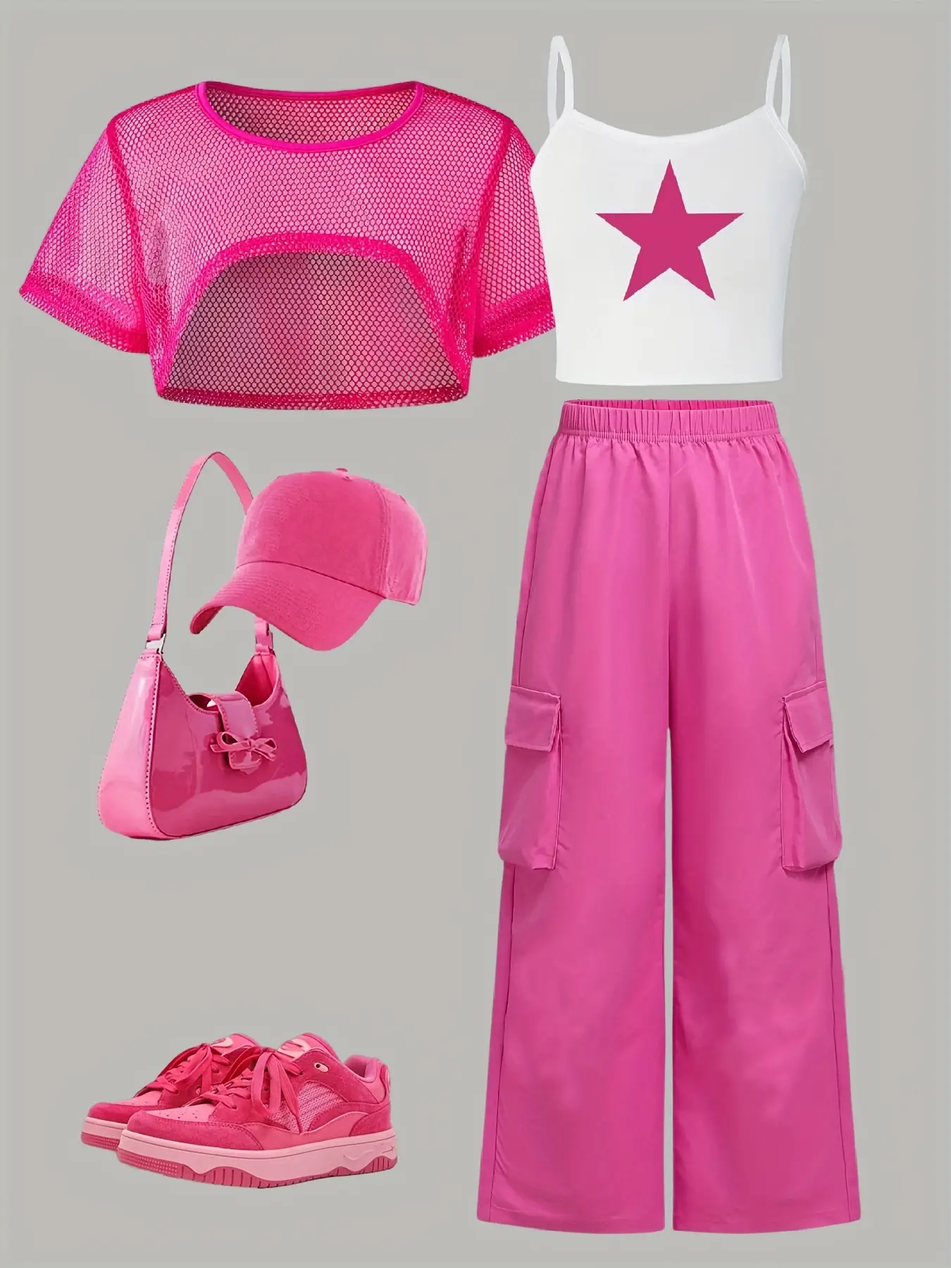 3 Piece Cooltwn Girls Summer Set, Casual Short Sleeve Perforated Top, Printed Tank Top, Cargo Pants for Daily and Vacation Wear