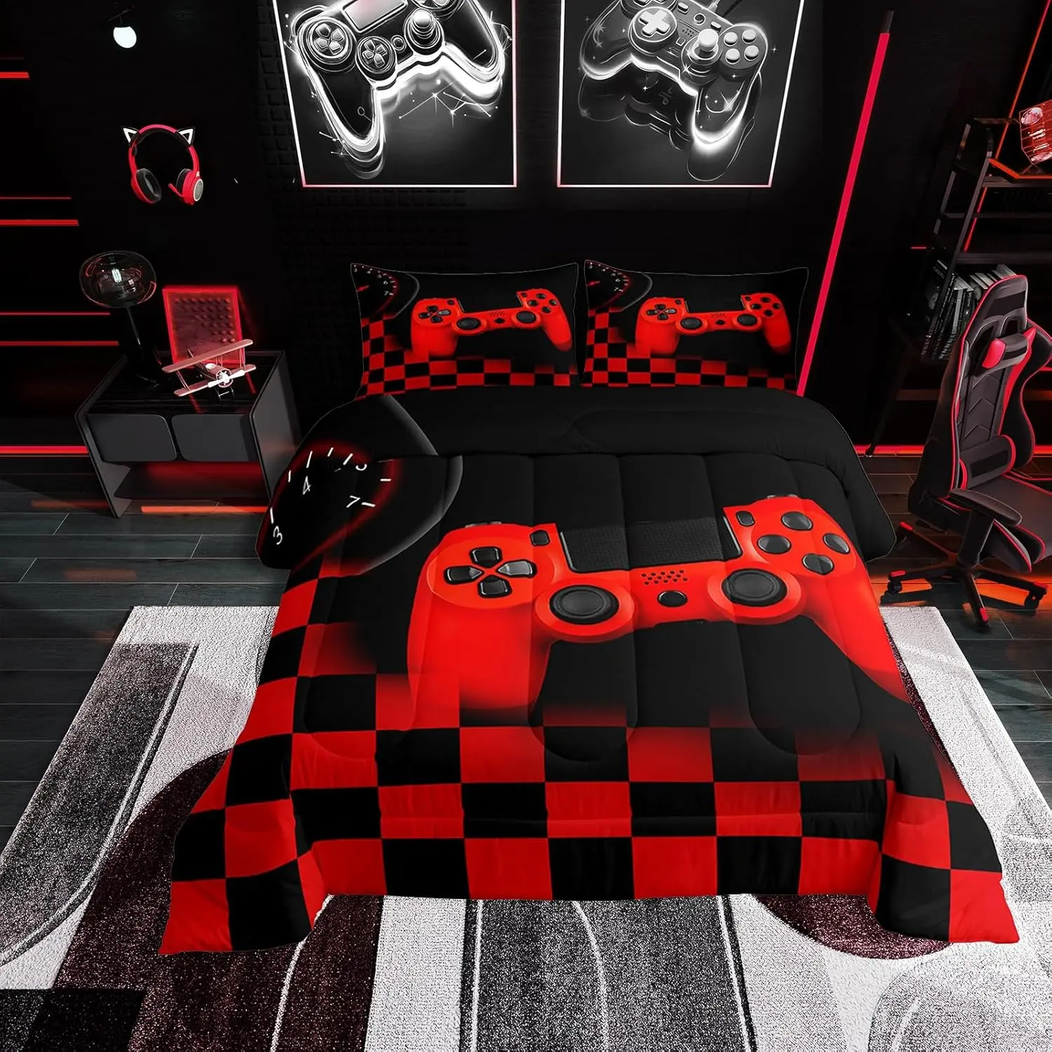 Feelyou Gamer Bedding Set - Microfiber Bedding, Plaid Pattern Blanket, Soft Breathable & Comfy Bedding, All-Season Video Game Gamepad Duvet Insert for Kids Teens Boys, Microfiber Bedding Set