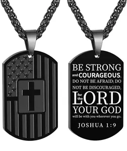 American Dog Tag Necklace Bible Verse Pendant, Men Boys Stainless Steel Cross Patriotic Flag Jewelry Gift 24 Inches Chain