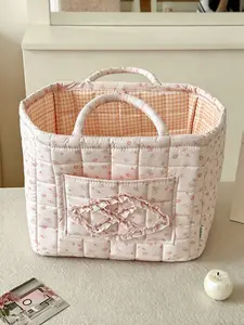 Pink floral decorative storage basket, ruffle trim storage bag with handle, multi-purpose home storage box, suitable for cosmetics, sundries and wardrobe organization