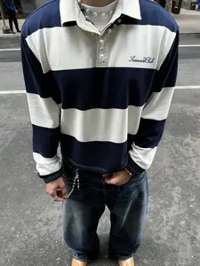 Retro Preppy Style Blue & White Color Block Stripe Long-Sleeve Polo Shirt, Lapel Collar Two-Button Placket Design, Suitable for Daily Commute, Campus Outfits, Casual Streetwear and Other Scenarios