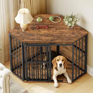 Dog Crate Furniture with Barn Door, Heavy Duty Dog Kennel Indoor, Wooden Decorative Pet Cage for Small Medium Dogs, Space-Saving TV Stand Anti-Chew Anti-Escape, Rustic Brown DFC88901B