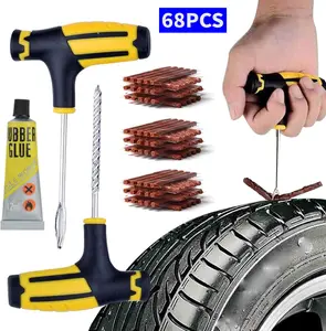 Flat Tubeless Tyre Repair Kit For Cars and Bikes, Easily Fix Punctures WITHOUT Removing Tire from Rim, Comes with Reamer & Plugger Tool and 65 Rubber Strips