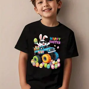Graphic Gems' Basic Short-Sleeved T-Shirt for Youth, Features Cute Cartoon Prints of a Bunny Wearing Sunglasses, a Truck, Eggs and Letters, and Slogans, Perfect for Easter